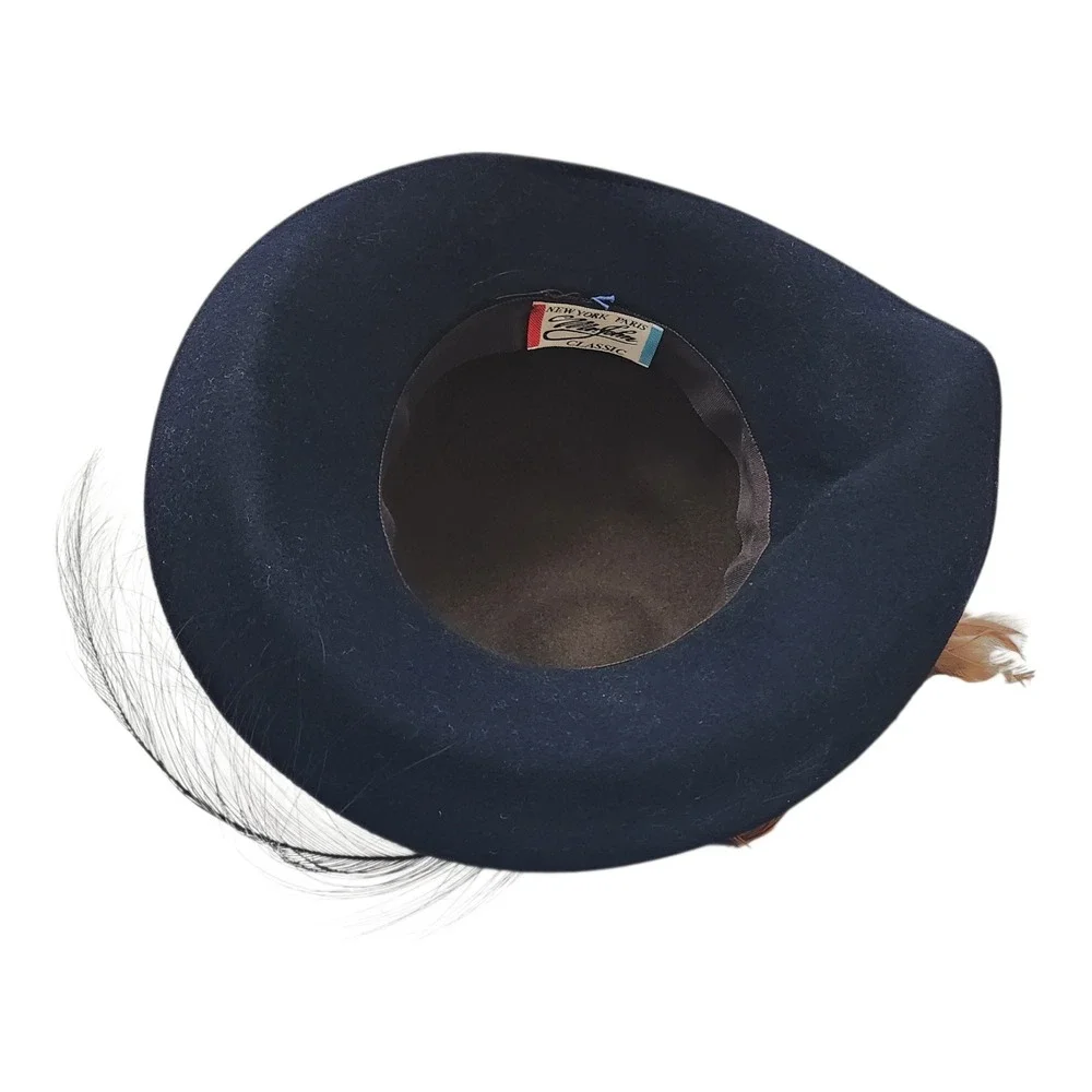 Mr John Classic Vintage Navy Wool Leopard Print Faux Fur‎ Feather Hat New York